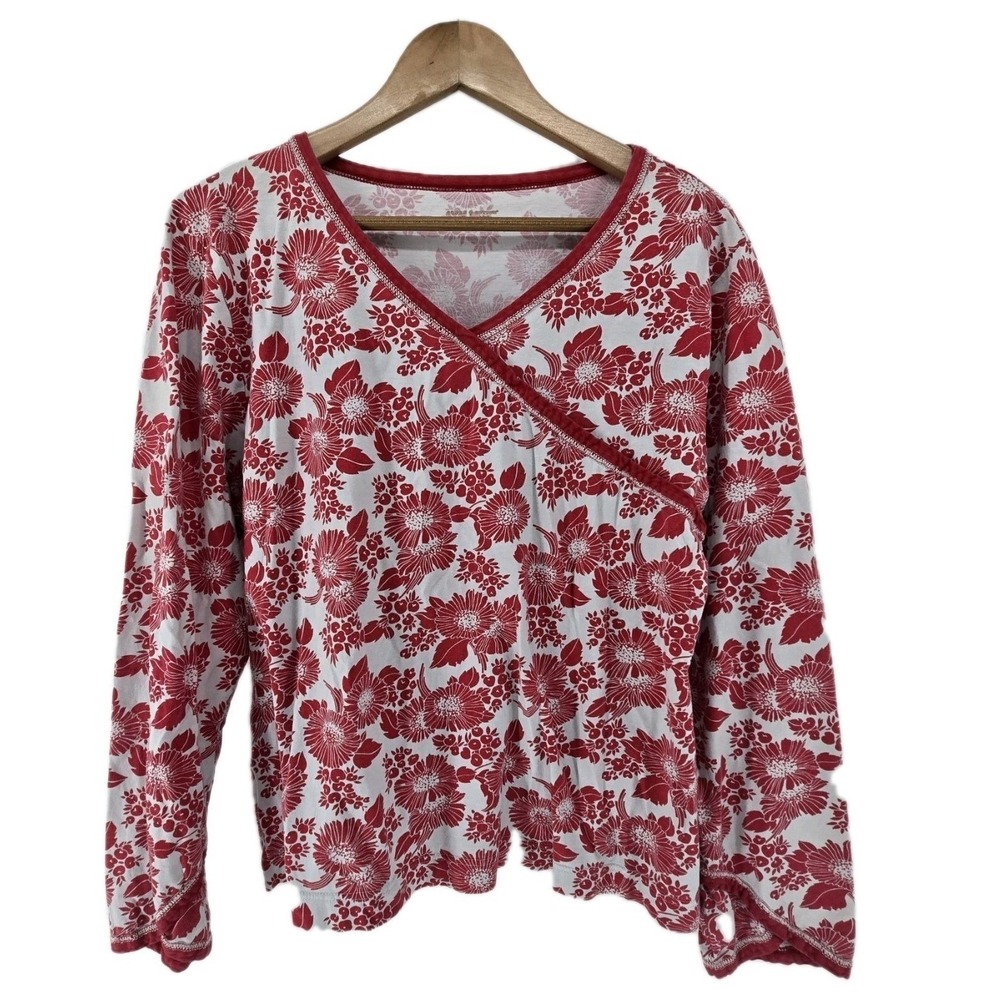 Garnet Hill Green Cotton Top Womens L Floral Red Long Sleeve Faux Wrap EUC